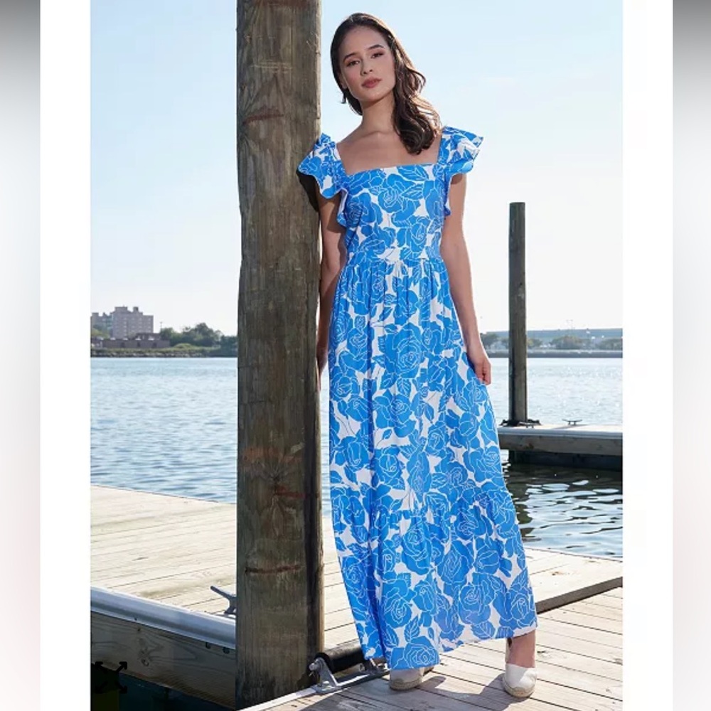 London Times Blue and White Floral Maxi Dress
